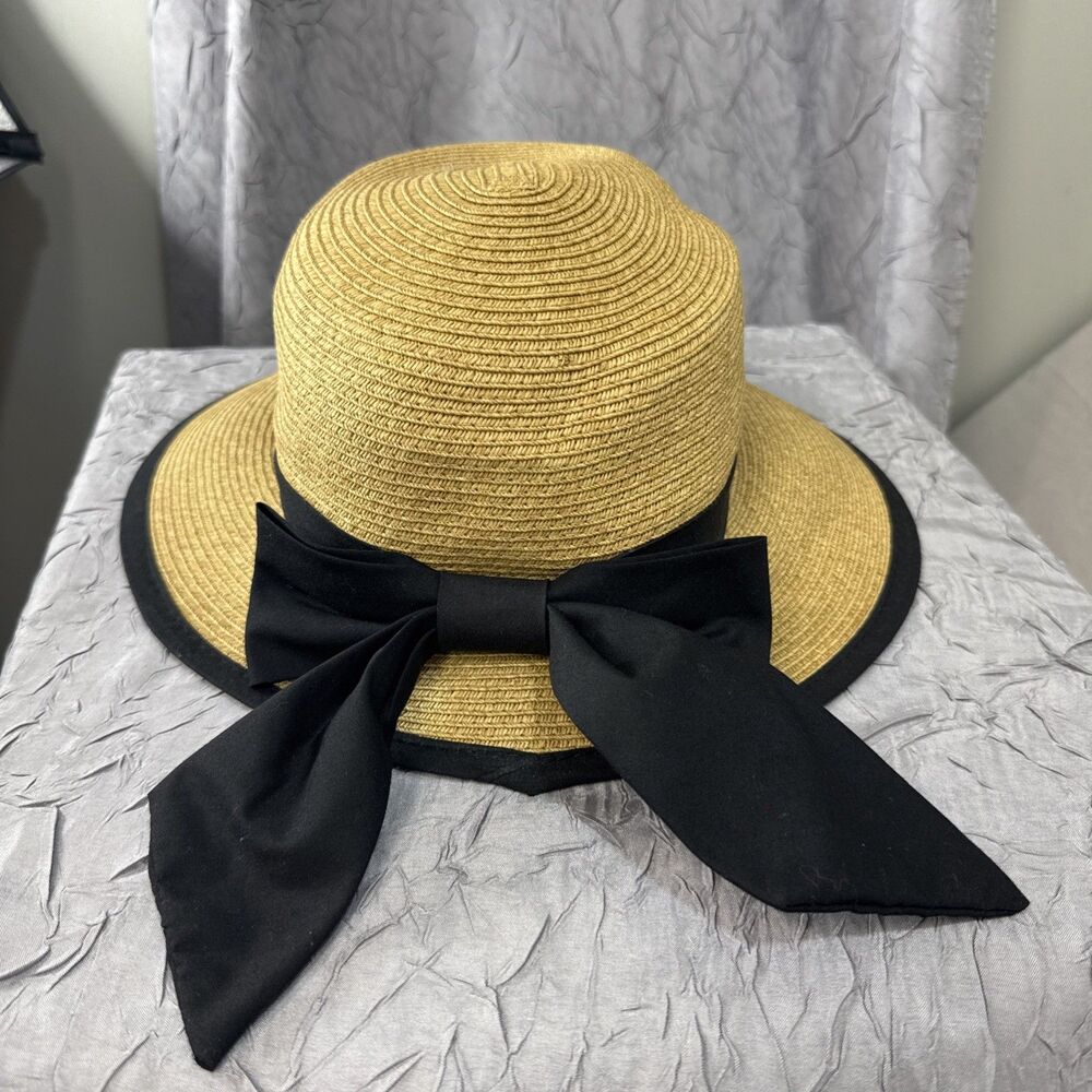 Sun N Sand UPF 50+ Beige Straw Hat W/black Trim Fabric Bow Women Adjustable